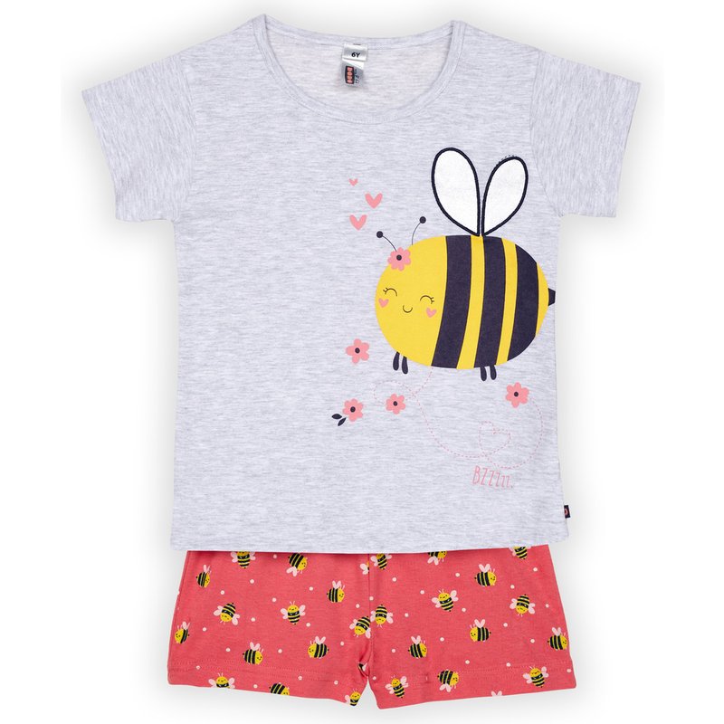 Ensemble Pyjama filette haut uni avant imprimé devant et short imprimé gris chiné