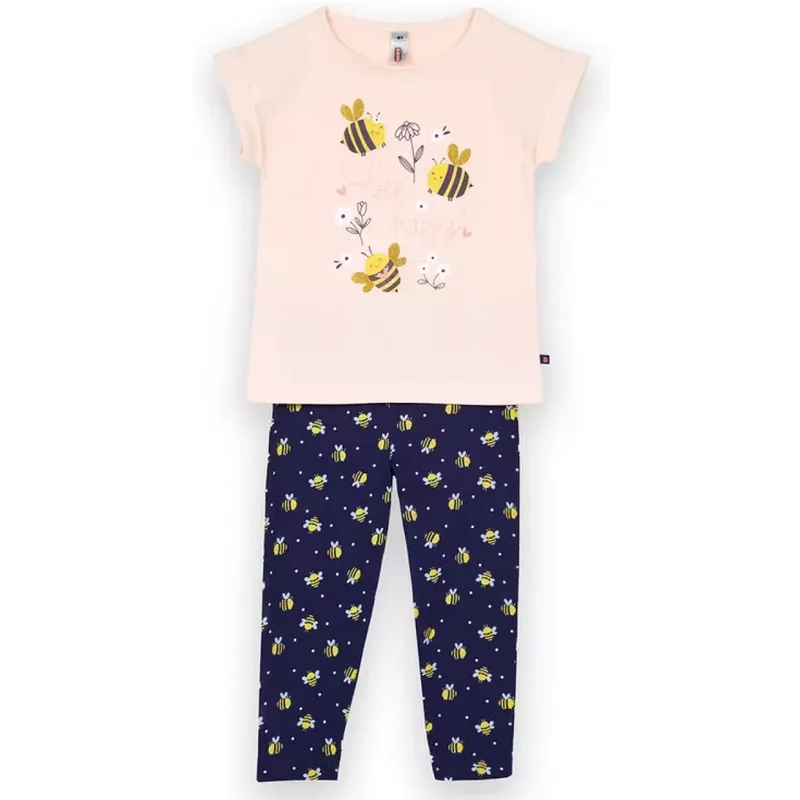 Ensemble Pyjama filette haut uni avant imprimé devant et short imprimé nude