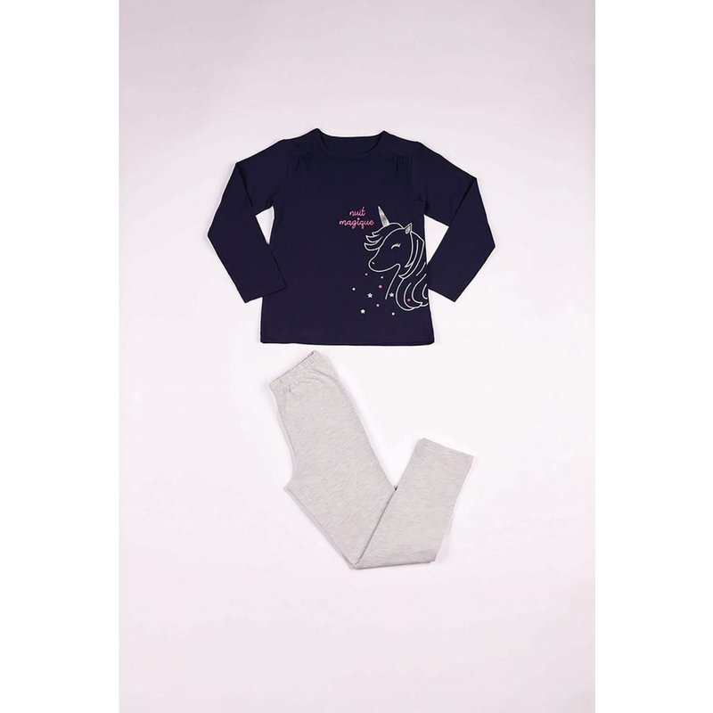 Pyjama Leggings fille en Coton - Bleu Marine Imprimé / Gris Chiné - nuit magique