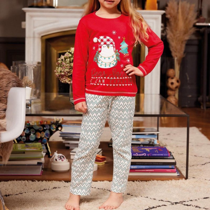 Pyjama Long fille en Coton - Rouge Blanc et Vert - Motifs Noël