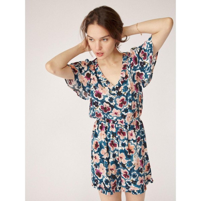 Combishort imprimé floral bleu en viscose