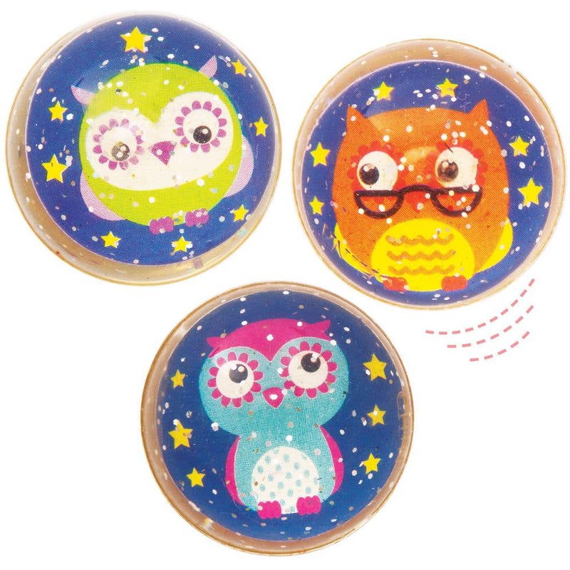 3 Little Owls Glitter Bouncy Balls (Pack of 10) 3 Assorted Designs, Pocket Money Toys, 32mm Diameter