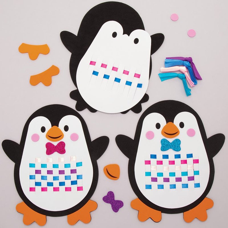Penguin Weaving Kits (Pack of 6) Sewing & Weaving Craft Kits 6 assorted ribbon colours