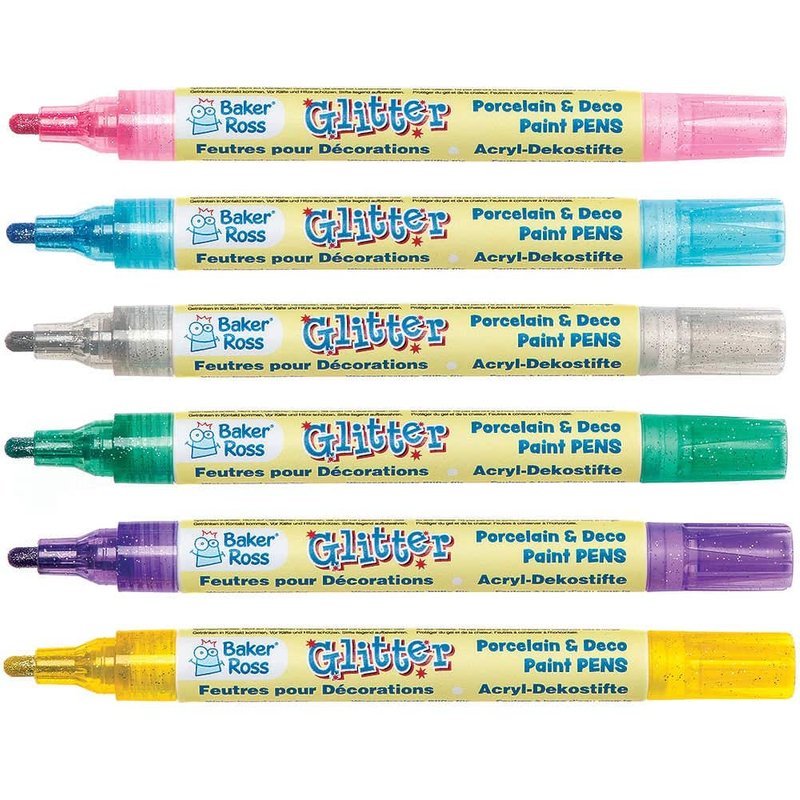 Glitter Porcelain & Deco Paint Pens Colour Pack A (Colour Pack A) Art Supplies, Art Materials 6 assorted glitter colours - Yellow, Light Blue, Teal, Pink, Silver & Dark Purple