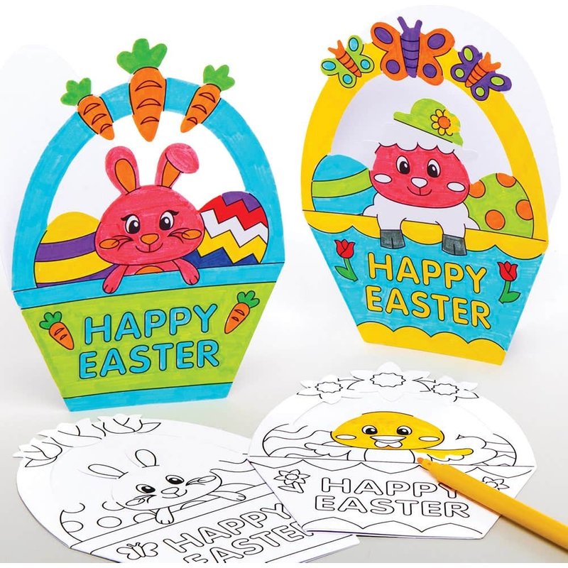 Easter Basket Colour-in Greeting Cards (Pack of 10) 5 Assorted Designs, Folded Card 12cm x 16cm