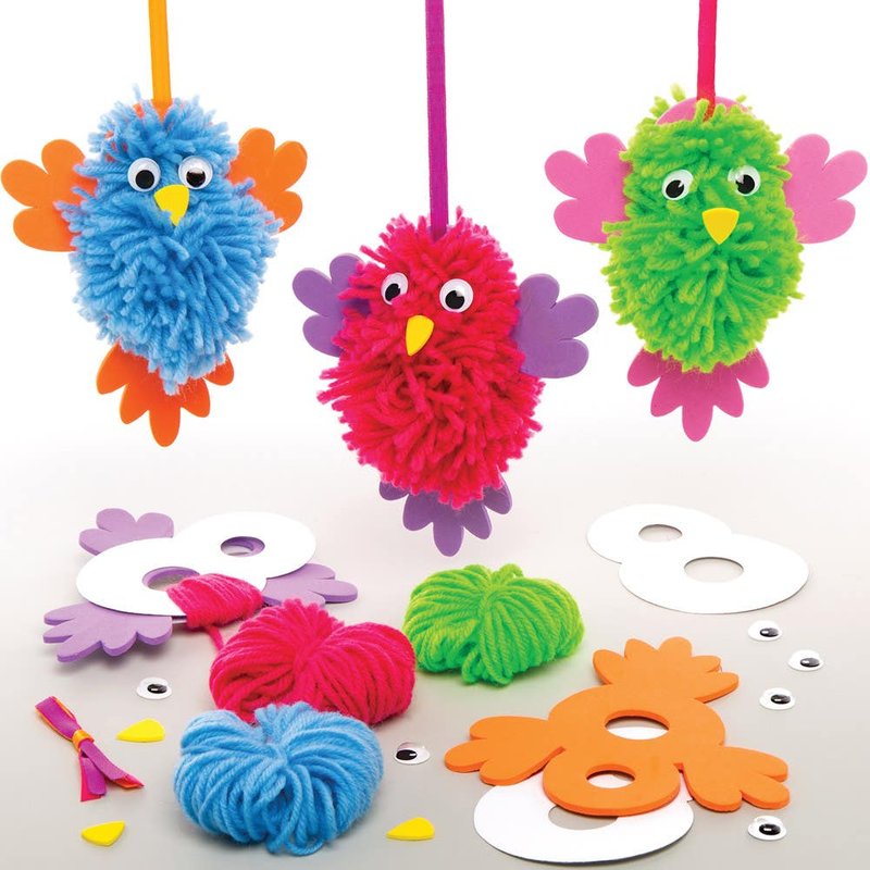 Bird Pom Pom Kits (Pack of 3) Art Craft Kits 3 assorted wool colours - Pink, blue & Green