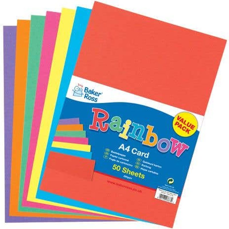 Rainbow Colours A4 Card 220gsm (Pack of 50) Paper & Card 7 assorted colours - Red, Yellow, Pink, Green, Orange, Purple & Blue