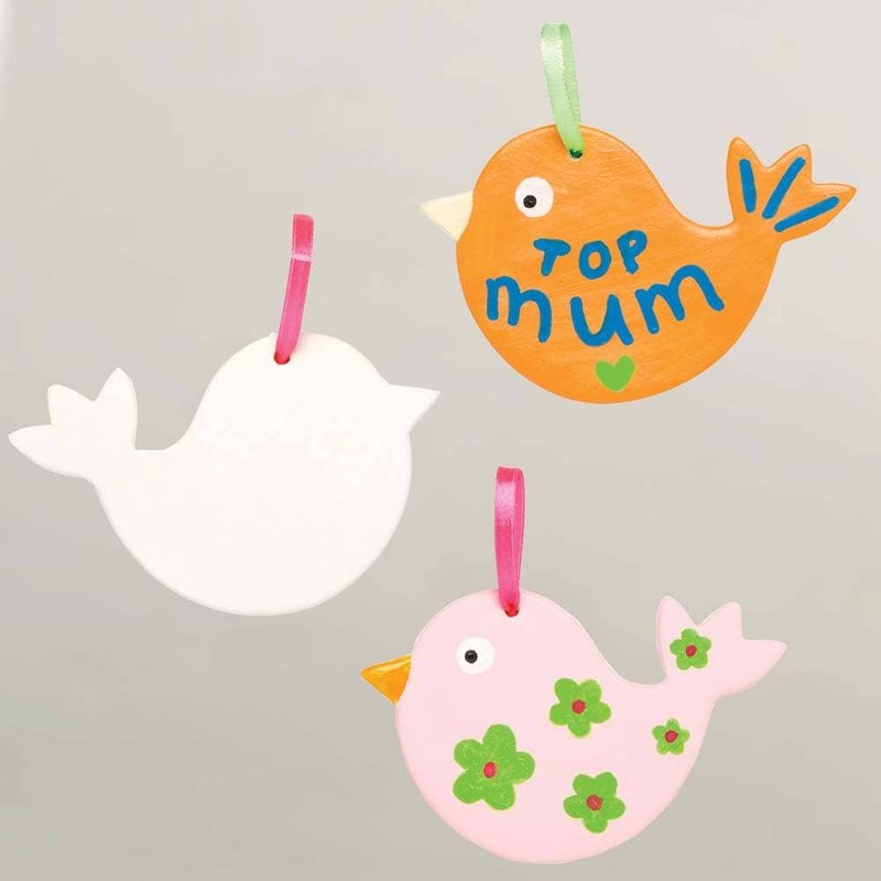 Bird Ceramic Decorations (Pack of 5) Decoration Craft Kits 2 assorted ribbon colours - Pink & Green