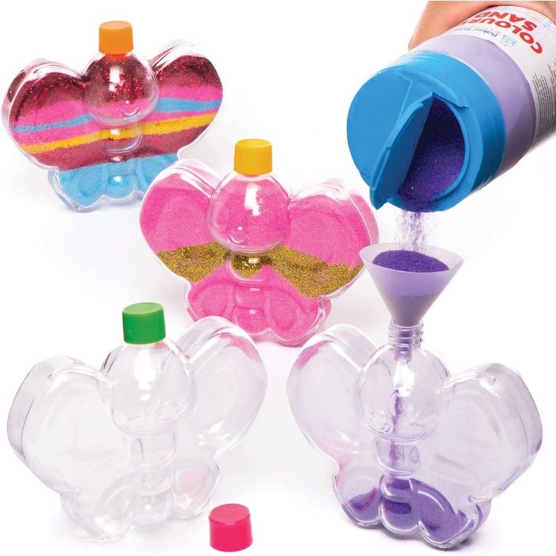 Butterfly Sand Art Bottles (Pack of 5) Fillable Bottles, 5 Assorted Lid Colours, Funnel Included