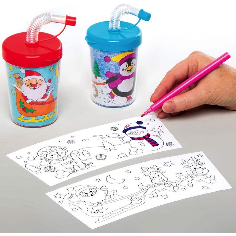 Colour-in Christmas Bendy Straw Cups (Pack of 3) Christmas Crafts 3 assorted lid colours - Green, Red & Blue