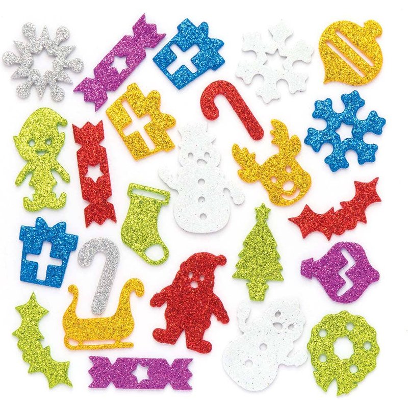 Christmas Glitter Foam Stickers (Pack of 100) Christmas Craft Supplies, 7 Colours - Green, Blue, Red, Silver, Gold, Purple & White