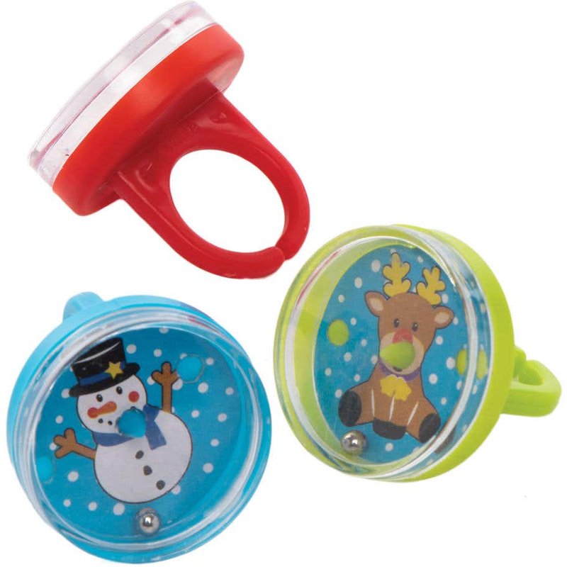 Christmas Puzzle Rings (Pack of 12) Christmas Toys, 6 Assorted Designs, 3 Ring Colours - Green, Red & Blue