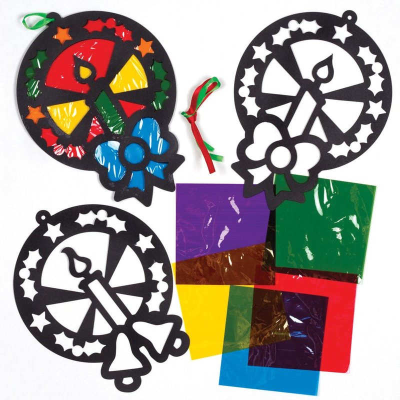 Christmas Wreath Stained Glass Decoration Kits (Pack of 6) Christmas Crafts 6 assorted cellophane colours - Yellow, Green, Orange, Blue, Purple & Red