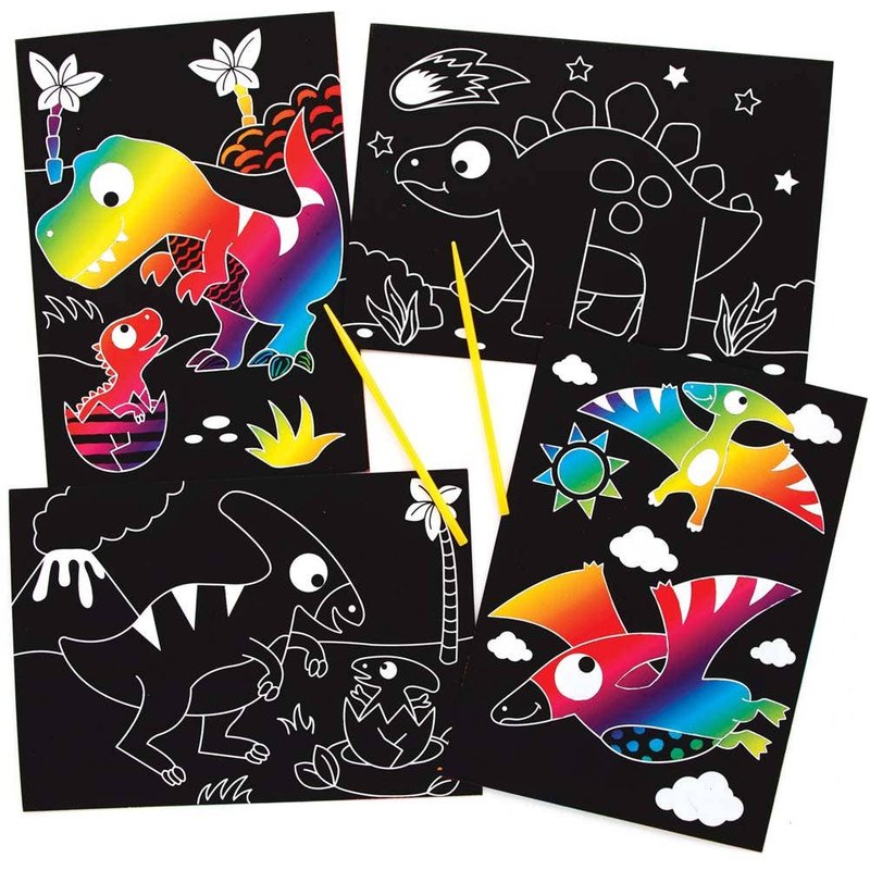 Dinosaur Scratch Art Pictures (Pack of 8) Rainbow Colour, Decorate & Personalise, Tools Included
