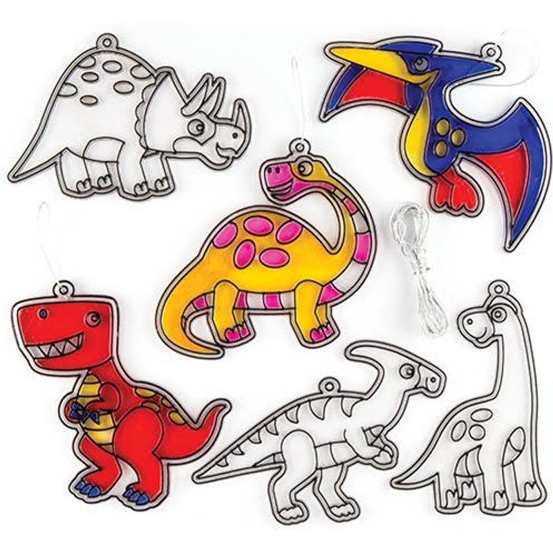 Dinosaur Suncatchers (Pack of 8) Decoration Craft Kits, 8 Assorted Designs, Silver Hanging Cord Included, Acrylic
