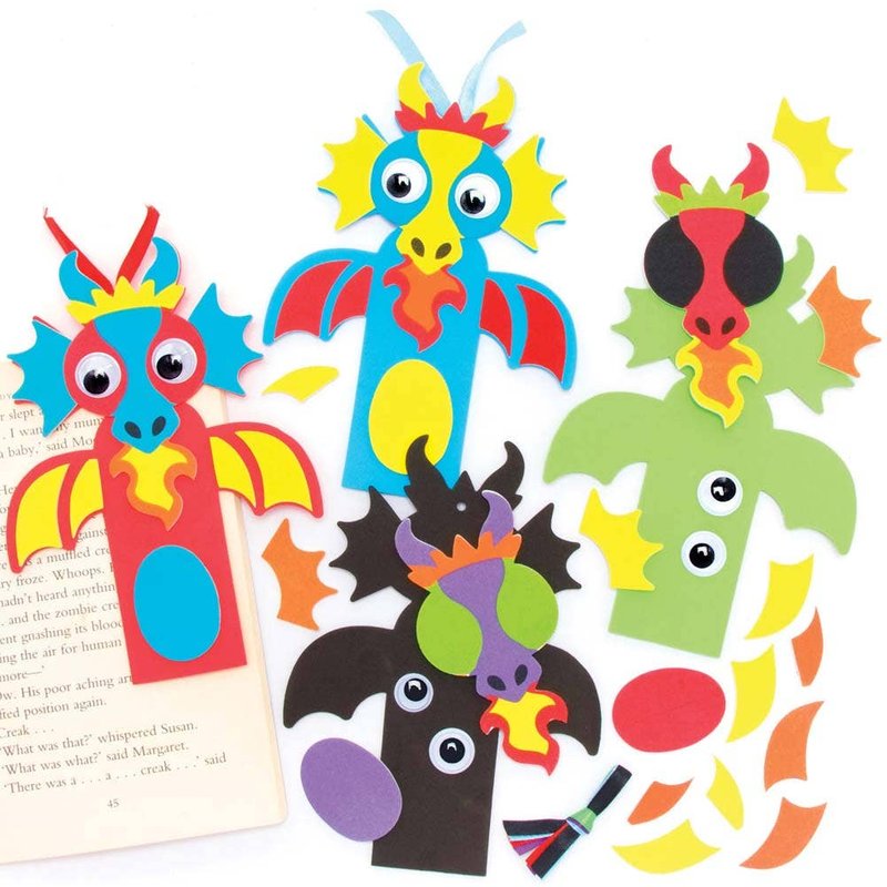 Dragon Bookmark Kits (Pack of 5) Decoration Craft Kits 5 assorted colours - Green, Purple, Blue, Red & Black