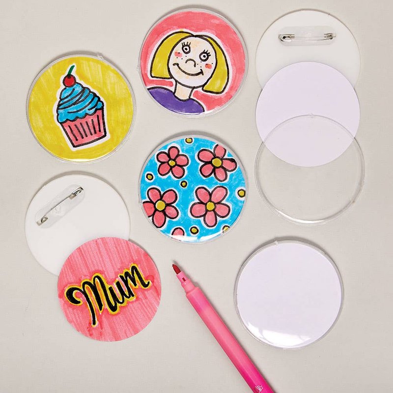 Badge Kits (Pack of 10) 55mm Diameter, 20 Blank Discs For Personalisation, Plastic Backing, Decoration Craft Kits