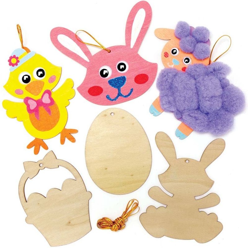 Easter Wooden Decoration Blanks (Pack of 12) 6 Assorted Designs, Gold Cord Included, Decorate & Personalise