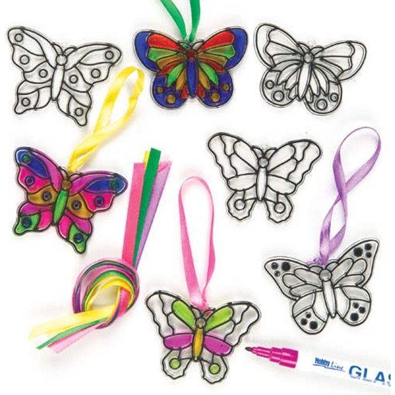 Butterfly Mini Suncatcher Decorations (Pack of 12) Decoration Craft Kits, Size 7cm, 4 Designs, Hanging Ribbon Included