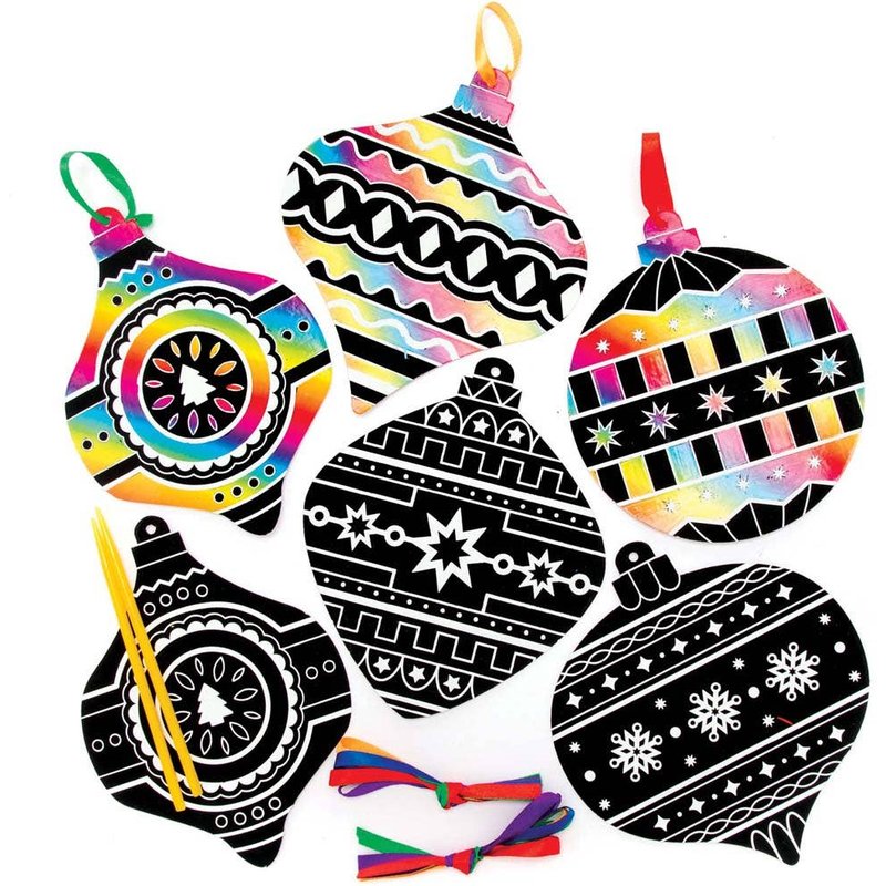 Christmas Bauble Scratch Art Decorations (Pack of 10) Christmas Crafts 5 ribbon colours - Red, Blue, Green, Purple & Orange