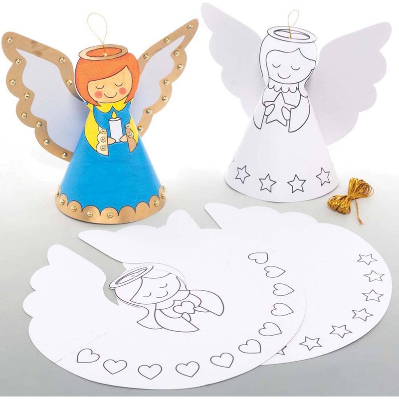 Angel Colour-in Card Cone Hanging Decorations (Pack of 10) Design Your Own, Christmas Crafts, 5 Designs