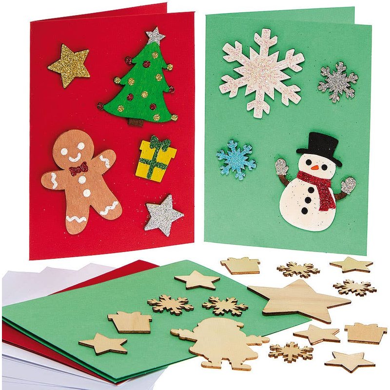Christmas Wooden Charm Greeting Card Kits (Pack of 6) Christmas Crafts 3 card colours - Red, Green & White