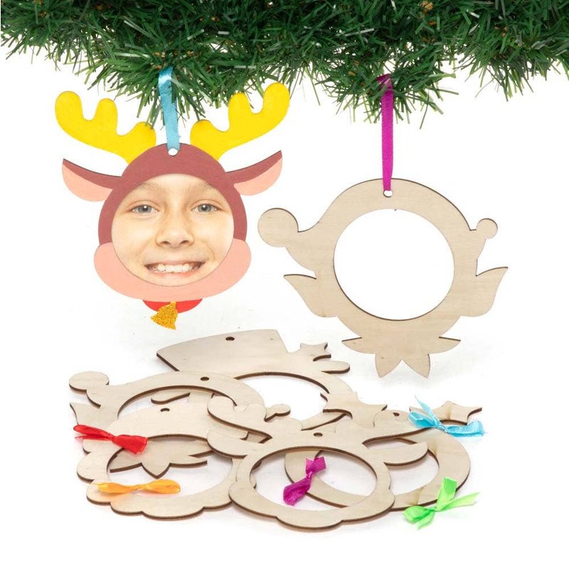 Christmas Wooden Photo Frame Decorations (Pack of 10) Christmas Crafts 5 ribbon colours - Red, Green, Blue, Pink & Orange
