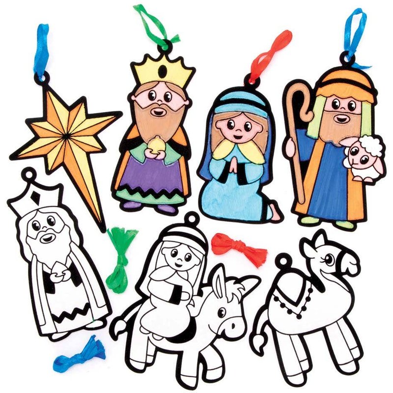 Nativity Fuzzy Art Colour-in Decorations (Pack of 15) Christmas Crafts 3 ribbon colours - Red, Blue & Green