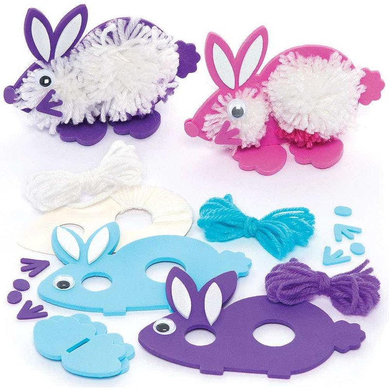 Bunny Pom Pom Making Kits (Pack of 3) Easter Crafts For Kids 3 assorted wool colours - Pink, Blue & Purple