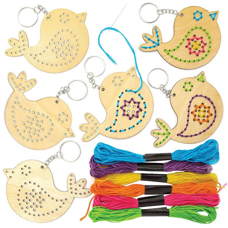 Bird Wooden Threading Keyring & Bag Dangler Kits (Pack of 5) Craft Kits For Kids 6 assorted thread colours - Pink, Orange, Blue, Green, Yellow & Purple