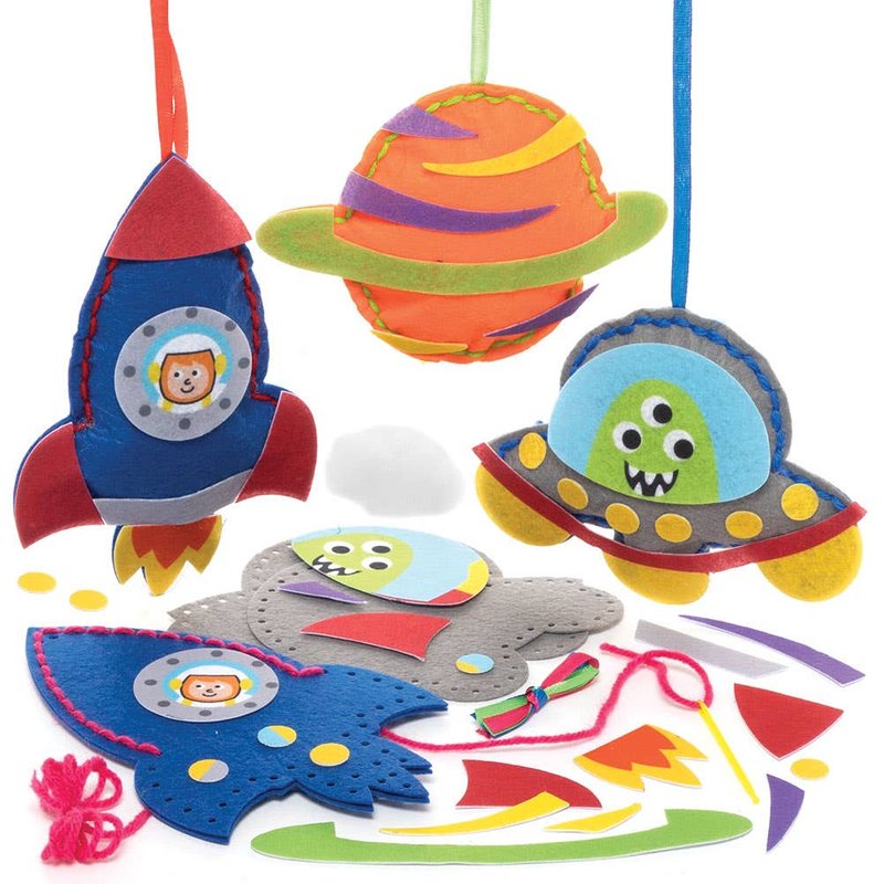 Solar System Sewing Kits (Pack of 3) Rocket, Spaceship & Planet Designs, All-In-One Kit, Hanging Ribbon Included