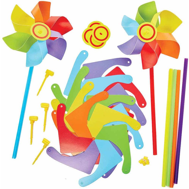 Rainbow Windmill Kits (Pack of 6) Self-Assemble, Pre-Cut Card Shapes, 6 Assorted Colours, Approx 13cm Wide