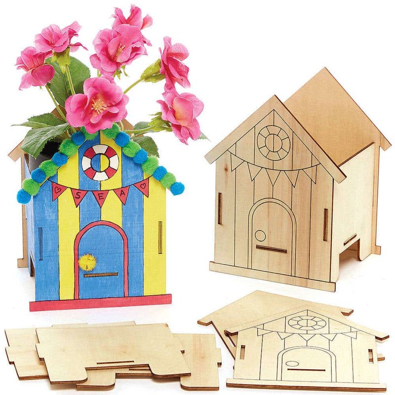 Beach Hut Wooden Flowerpot Kits (Pack of 3) Nature Craft Kits