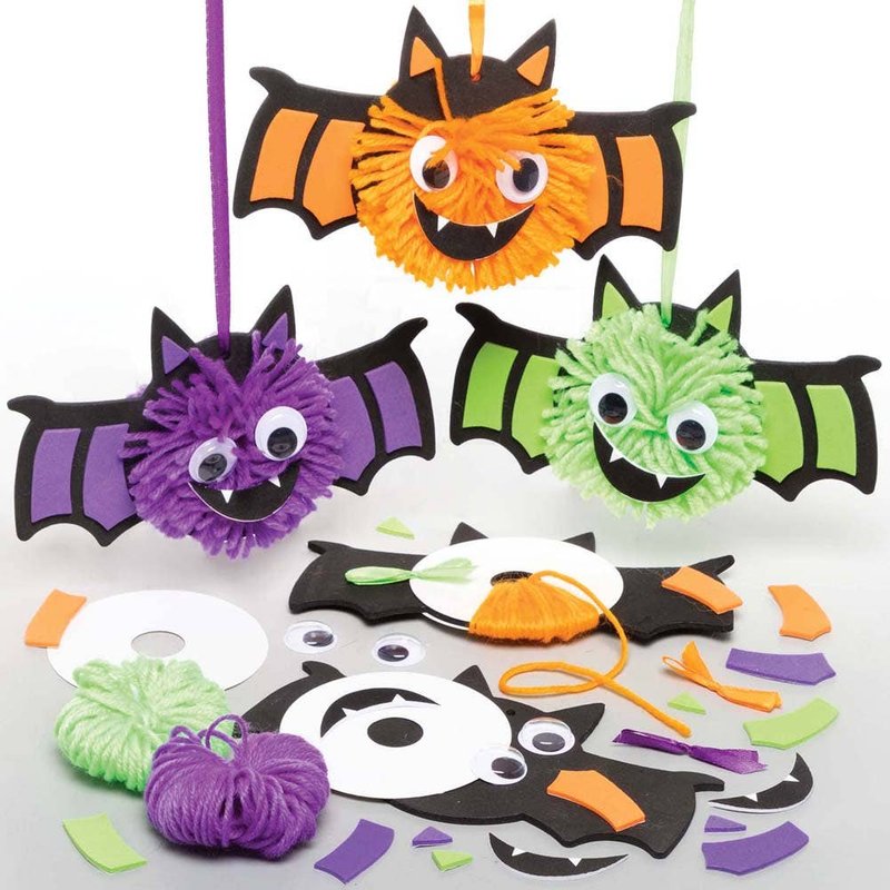 Bat Pom Pom Kits (Pack of 3) Halloween Crafts, Make Your Own Pom Poms, 3 Assorted Colours