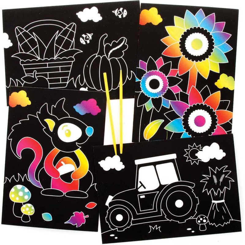 Harvest Festival Scratch Art Pictures (Pack of 8) Fun & Educational, Rainbow, Great For Kids, Range Of Designs, Tools Included