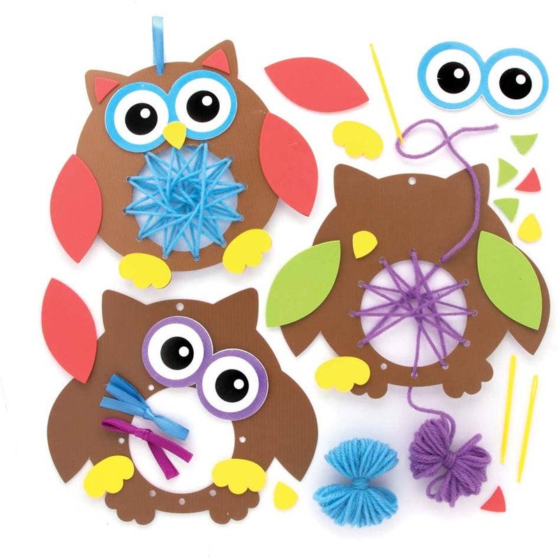 Owl Weaving Decoration Kits (Pack of 6) Sewing & Weaving Craft Kits 2 wool colours - Blue & Purple