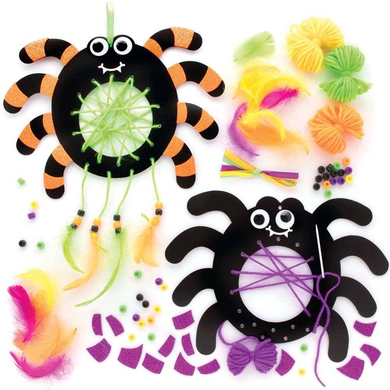 Spider Dreamcatcher Kits (Pack of 4) Halloween Crafts 4 spider colours - Purple, Yellow, Orange & Green