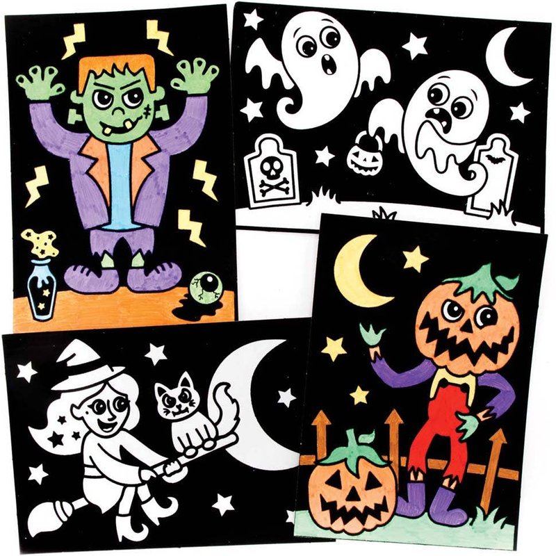 Halloween Colour-in Fuzzy Art Pictures (Pack of 10) Halloween Crafts For Kids, Sheet Size 21cm x 15cm