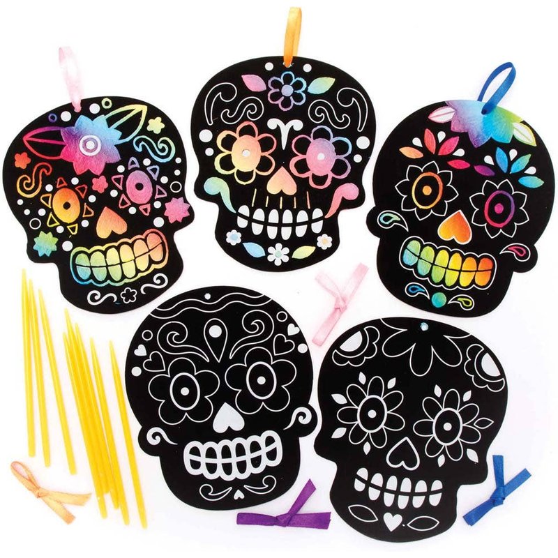 Day of the Dead Scratch Art Decorations (Pack of 8) Halloween Crafts, Scratch Tools Included