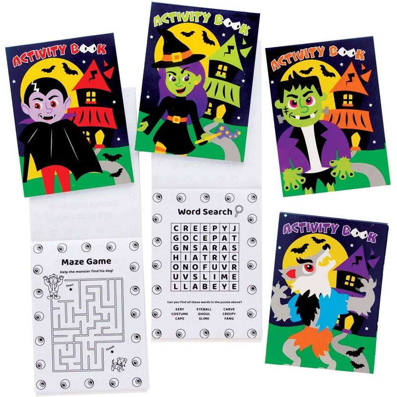 Halloween Mini Activity Books (Pack of 12) Halloween Toys, 20 Pages, Book Size 8cm x 11cm, 4 Assorted Page Covers