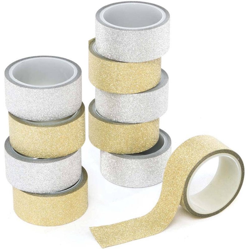 Gold & Silver Glitter Washi Tape (Pack of 10) Glues & Adhesives 2 colours - Gold & Silver