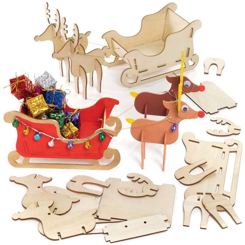 Reindeer & Sleigh 3D Woodcraft Kits (Pack of 2) Christmas Crafts For Kids, Decorate Your Own