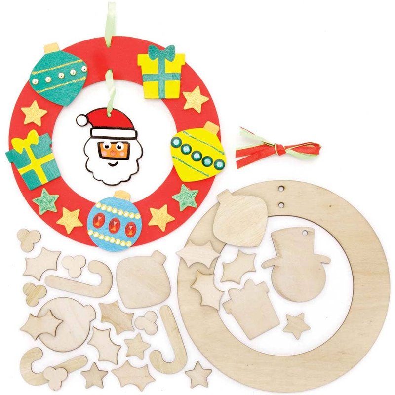 Christmas Wooden Wreath Kits (Pack of 2) Christmas Crafts 2 ribbon colours - Red & Green