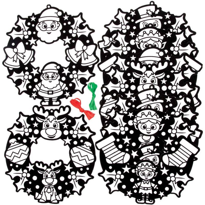 Christmas Colour-in Fuzzy Art Wreaths (Pack of 8) Christmas Crafts 2 ribbon colours - Red & Green