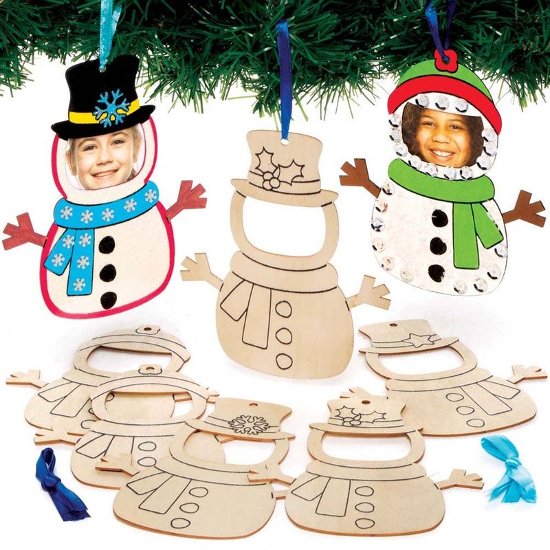 Snowman Wooden Photo Frame Decorations (Pack of 10) Christmas Crafts 2 ribbon colours - Dark Blue & Light Blue