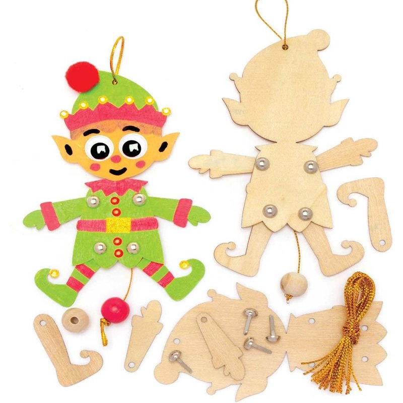 Christmas Elf Wooden Dancing Puppet Decoration Kits 14.5cm (Pack of 5) Christmas Crafts, Christmas Tree Decorations