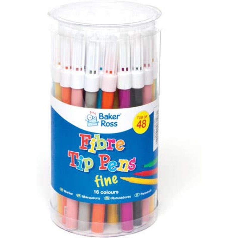 Fine Tip Fibre Pens Value Tub (Tub of 48) 16 Assorted Colours, 2mm Nib, Water-Based Inks, Drawing & Colouring