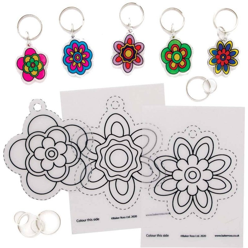 Flower Super Shrink Keyrings (Pack of 8) Shrinks 7x Smaller, Split Rings & Pre-Printed Sheets Included