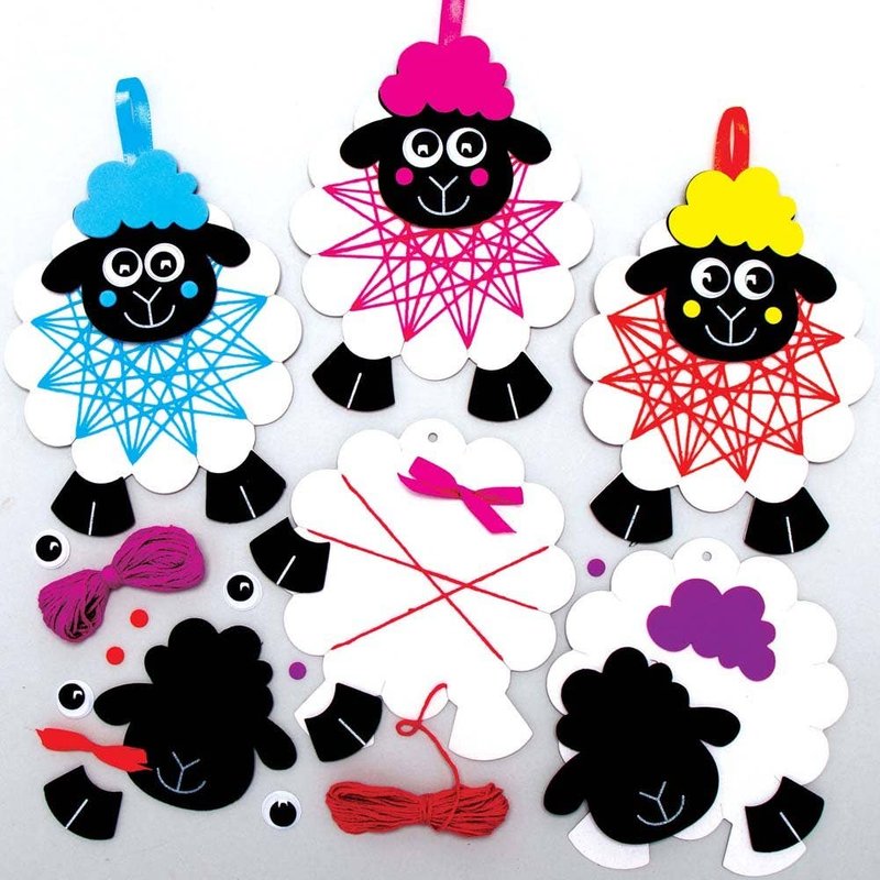 Fluffy Sheep Weaving Kits (Pack of 6) Sewing & Weaving Craft Kits 6 assorted thread colours - Orange, Pink, Green, Blue, Purple & Red