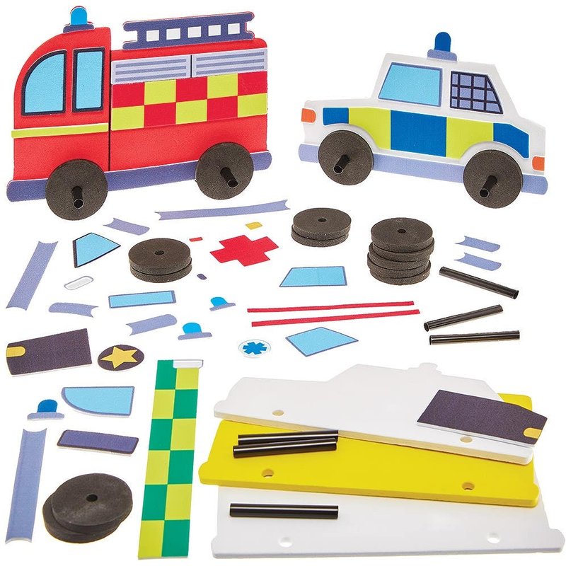Emergency Vehicles Push Along Kits (Pack of 5) Educational Crafts, 5 Assorted Designs, No Glue Required, Approx 16cm Long